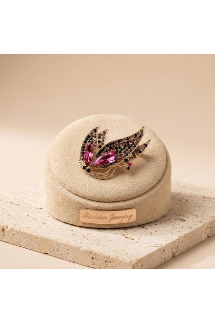 Vıp Seri 316L Çelik Gold Renk Fuşya ve Siyah Zirkon Taşlı Kelebek Figürlü Broş 4 cm
