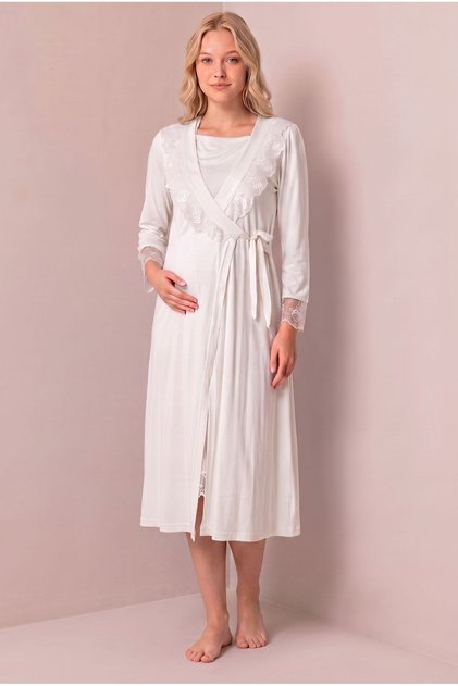 Women's Ecru Lace Maternity Pajama Set with Dressing Gown for Easy Breastfeeding