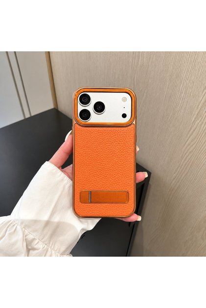 Apple iPhone 17 Pro Max Compatible Orange Armor Leather Premium Case with Magsafe Feature and Stand