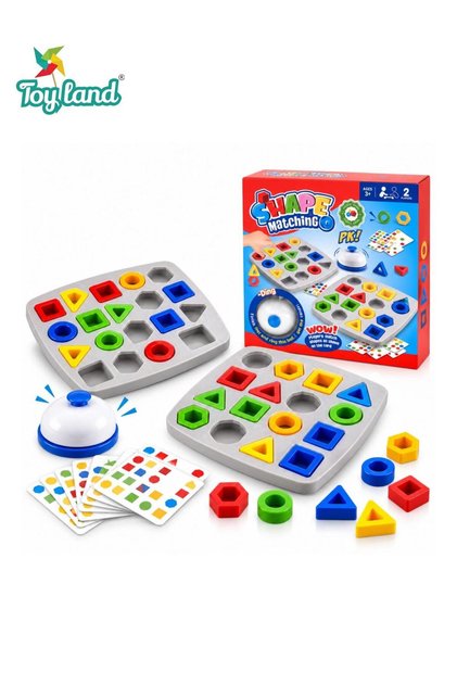 Kids Shape Matching Puzzle Board Game with Colourful Geometric Blocks, Pattern Cards and Bell, Educational Shape Sorting Learning Toy, 2 Player Matching Game for Boys and Girls, Ages 3+