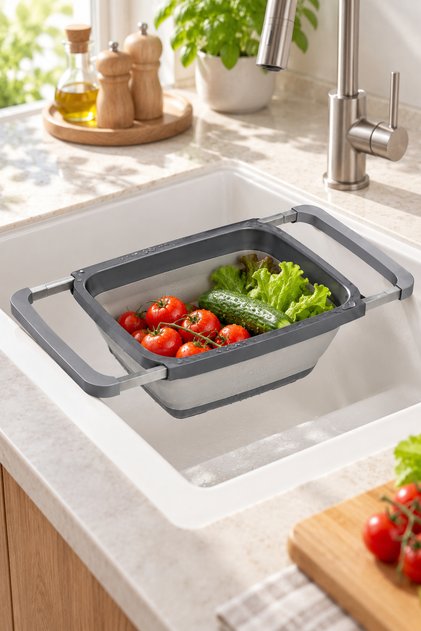 Adjustable Folding Strainer 6300 ml – Over-The-Sink Vegetable and Fruit Washing and Draining Apparatus with Extendable Handle, Gray