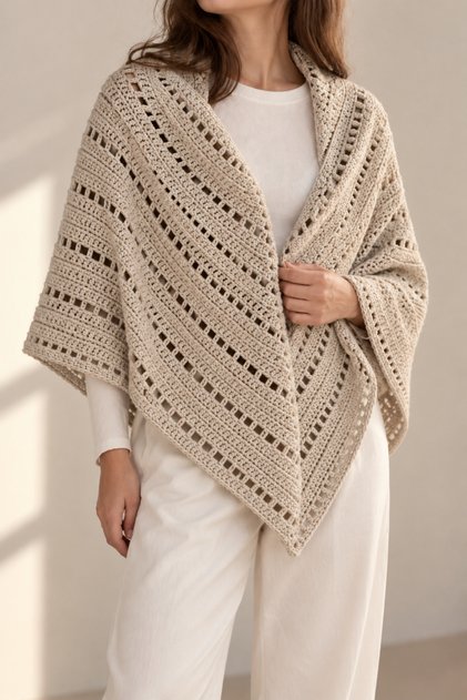 Stone Colored Openwork Hand Knitted Women's Shawl – Wool Blend Lightweight and Stylish Shoulder Shawl 160X80 cm