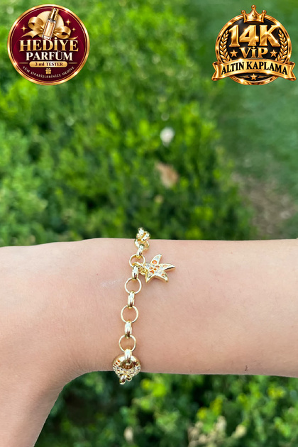 14K VIP Altın Kaplama Yıldız Figürlü Zirkon Taş Detaylı Halka Zincir Kadın Bileklik – Gold