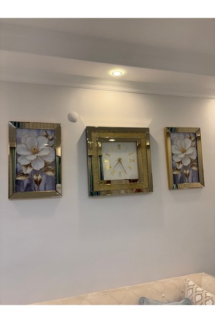 GOLD SİMLİ AYNALI SAAT İKİ ADET TABLO 3LÜ SET 40x60CM TABLO 60X60CM SAAT RENK BRONZ