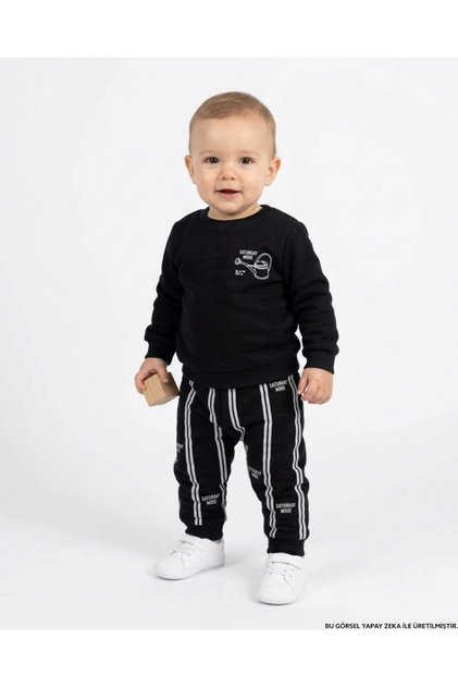 Boys' Striped 1-2-3-4 Years Old Winter 3 Threaded Ribbed 2-Piece Top and Bottom Tracksuit Set
