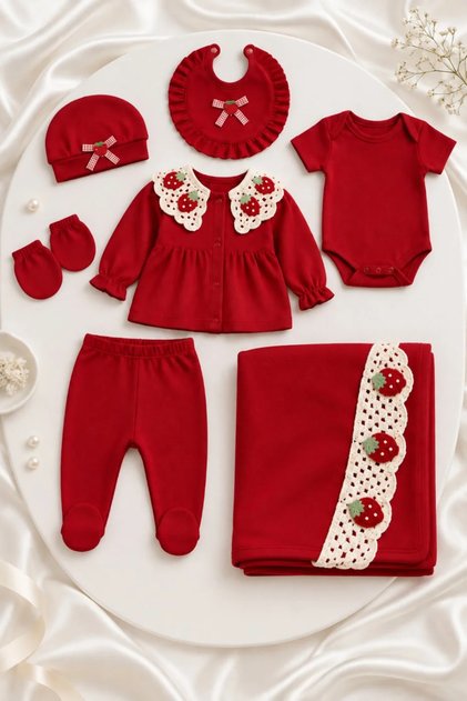100% Cotton Strawberry Motif Lace Detailed 7-Piece Baby Girl Hospital Discharge Set with Blanket Newborn Jewelry