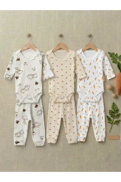 Minoti 3-Pack Cotton Baby Bodysuit Double Set - Teddy Bear Heart Carrot Patterned Long Sleeve Snap Fastener Bodysuit Top and Bottom Set