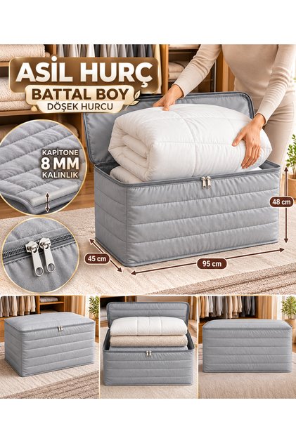 Asil Hurç Battal Boy XXXL Döşek ve Yorgan Saklama Hurcu 95x45x48 cm Fermuarlı Kalın Kapitone Saklama Hurcu