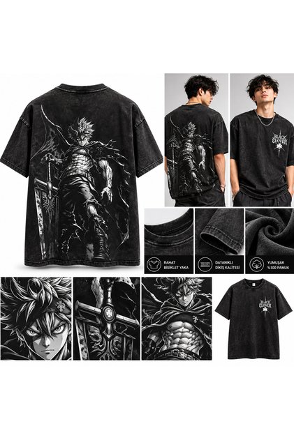 Black Clover Asta Kılıç Figürlü Sırt Baskılı Oversize Siyah Bisiklet Yaka Tişört