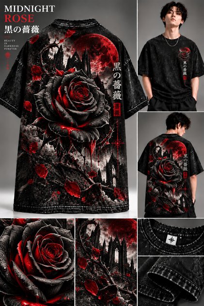Midnight Rose Gothic Rose Back Print Oversize Black Crew Neck T-Shirt