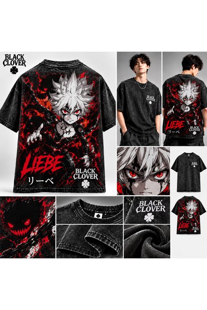 تي شيرت أسود كبير الحجم مطبوع من الخلف من Black Clover Liebe