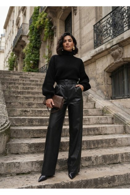 Women's Leather Pants with Pockets High Waist Velcro Wide Leg Leather Pants Palazzo
