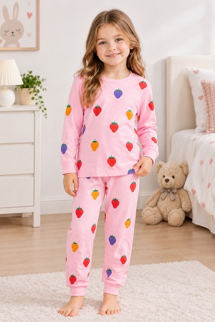 Girl's Strawberry Patterned 100% Cotton Interlock Fabric Long Sleeve Pajama Set