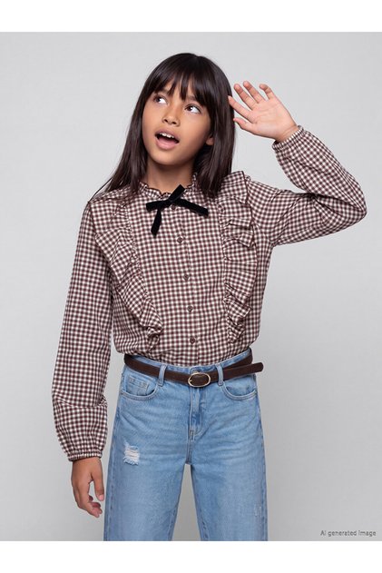 Checkered Embroidered Girls' Shirt with Bow for Style Enthusiasts from Uzg Store
