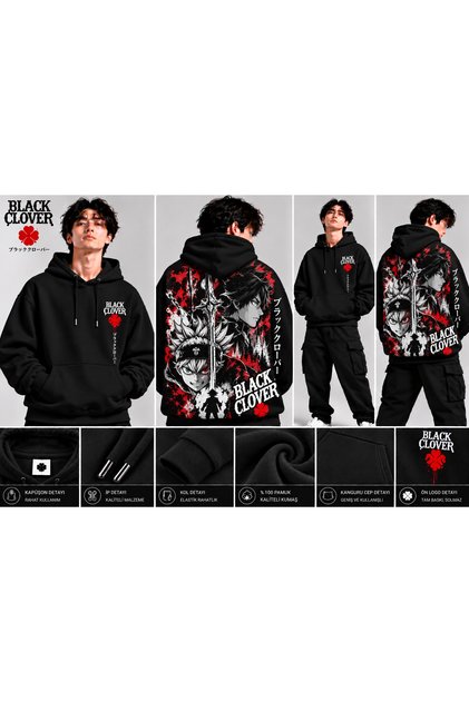 Black Clover Asta and Yuno Red Detailed Back Print Oversized Hooded Black Sweatshirt with Kangaroo Pocket