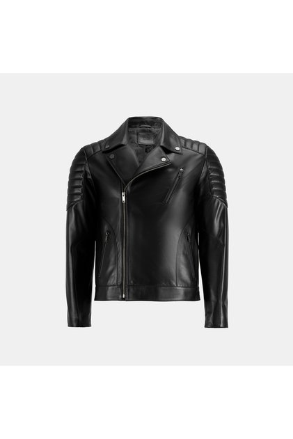 Men's Black Quilted Stitched Leather Biker Coat