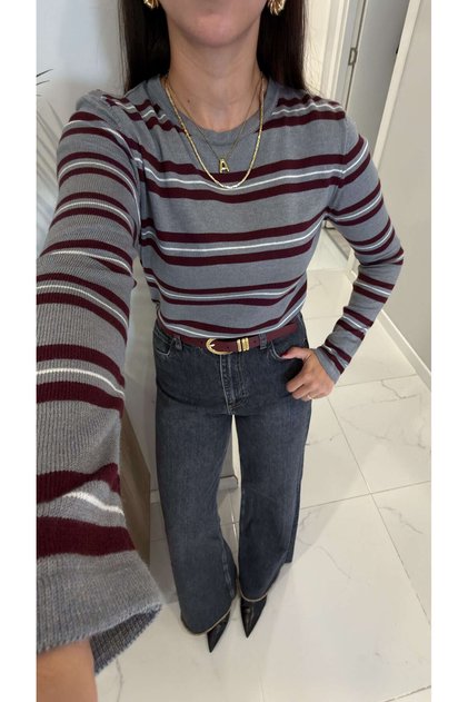Kolde Gray Burgundy Striped Long Sleeve Knitwear