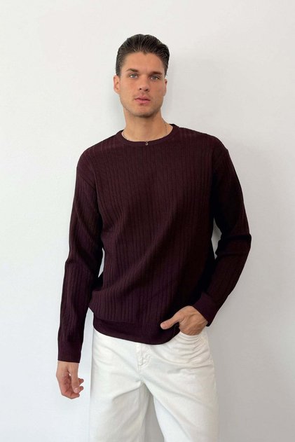 Men's Crew Neck Slim Ribbed Knit Sweater Plum - 27014