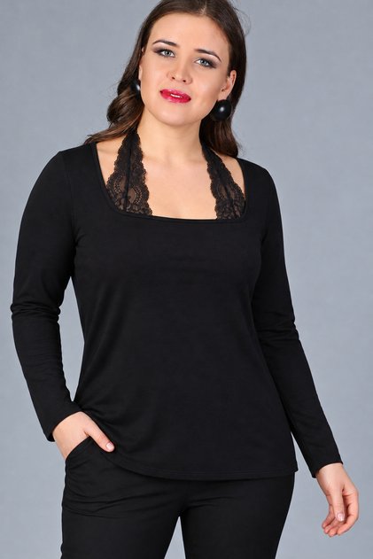 Plus Size Lace Tie Long Sleeve Blouse