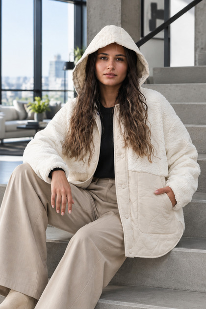 Hn-8902 Women's Ecru Color Casual Hooded Coat