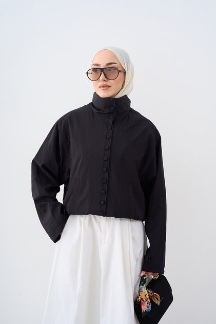 Women's Collar Button Detail Adjustable Waist Lined Parachute Jacket Black