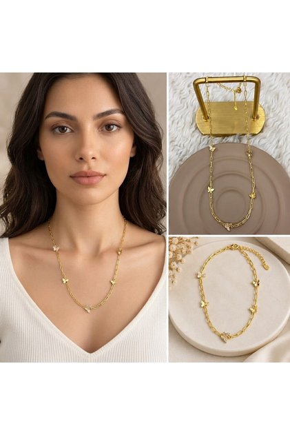 💎 Premium Shiny and Stylish Gold Color Women's Steel Necklace with Butterfly Figure Detail (45 cm)