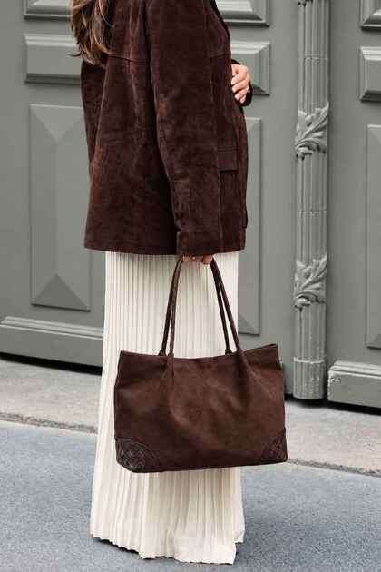 Brown Suede Knitted Detailed Tote Bag