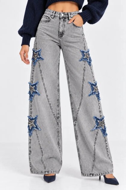 Women's Gray Washed Star Appliqué High Waist Wide Leg Jean Trousers