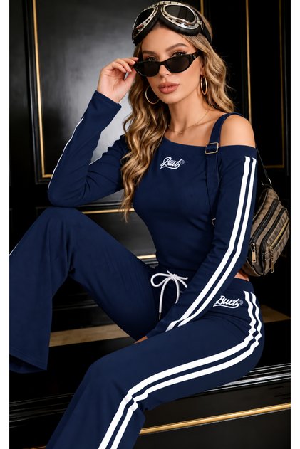 Women's Adjustable Asymmetrical Collar Striped Body and Sweatpants 2-Piece Set - Top and Bottom