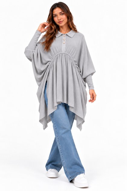Women's Drawstring Detailed Batwing Sleeve Loose Tunic – Side Slits