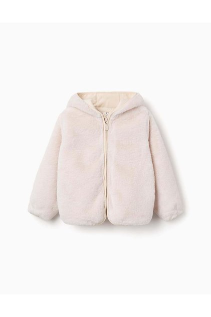 Hooded Plush Jacket With Pockets For Girls, Light Beige