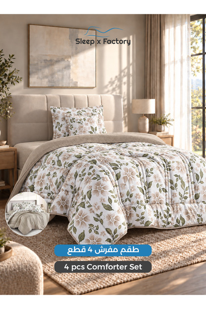 طقم لحاف مزدوج الوجهين من 4 قطع، لحاف مزدوج الوجهين 170x230 سم، ملاءة سرير مطاطية 140x200+30 سم، غطاء وسادة ووسادة