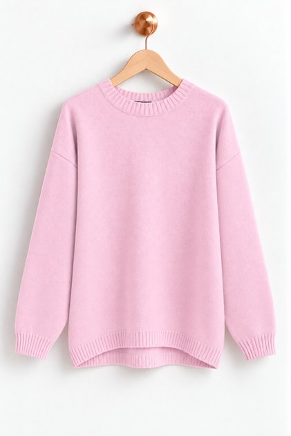 Yuvarlak Yaka Oversize Tunik Boy Tesettür Triko Kazak - Pudra