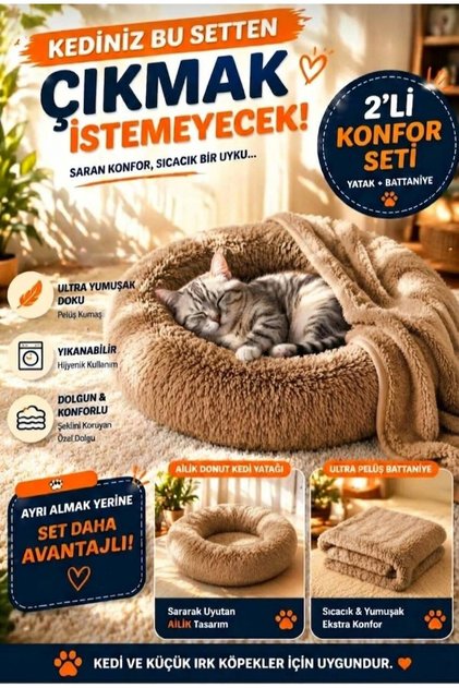 Donut Kedi Yatağı 2’li Set Battaniyeli Peluş Kedi Köpek Yatağı 50 60 70 cm