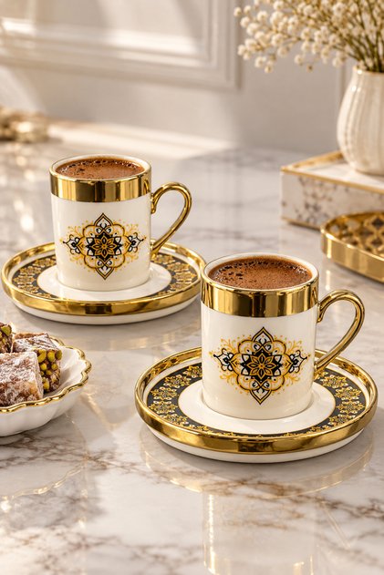 2 Li Gold Plated Porcelain Patterned Coffee Cup Set 100ml