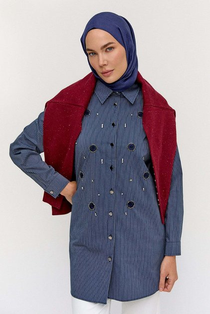İşleme Detaylı Çizgili Pamuklu Tunik