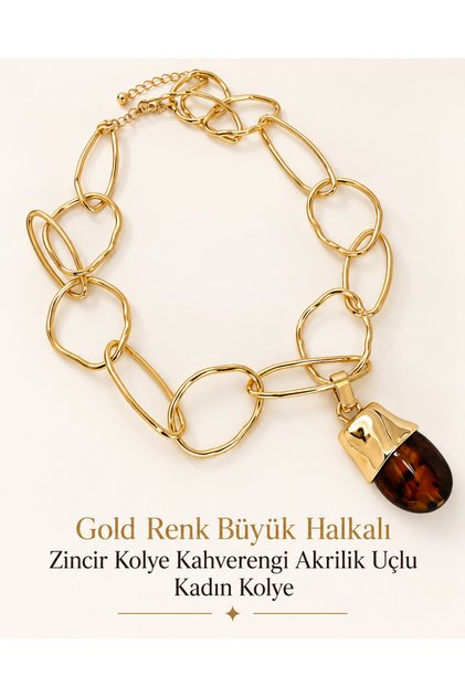 Gold Color Big Ring Geometric Chain Necklace with Brown Drop End Modern Stylish Women's Necklace