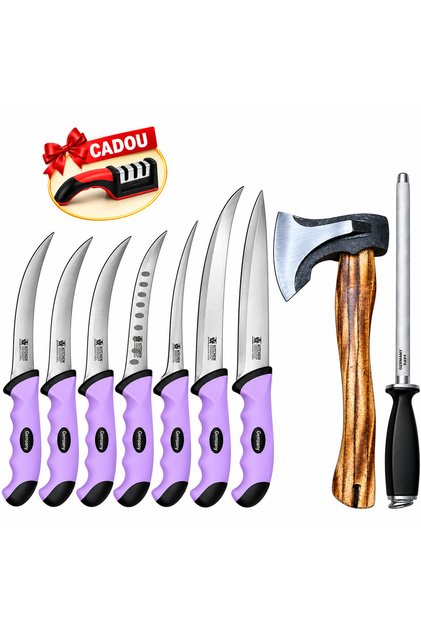 Set de 9 cuțite de măcelar + Dispozitiv de ascuțire gratuit, 7 cuțite pentru feliere, dezosare și porționare, satâr, ascuțitoare, oțel inoxidabil