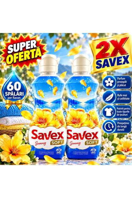 Pachet 2 x Balsam de rufe Soft Sunny, concentrat, parfum proaspăt de lungă durată, 60 spălări/buc, 1,5 L/buc – Total 3 L