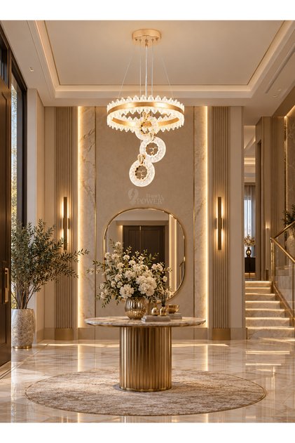 Modern Led Gold Chandelier with Crystal Beaded Round Frame Design and Decorative Circular Elements and 3 Lights - 63W Ceiling Light (Model 6984)