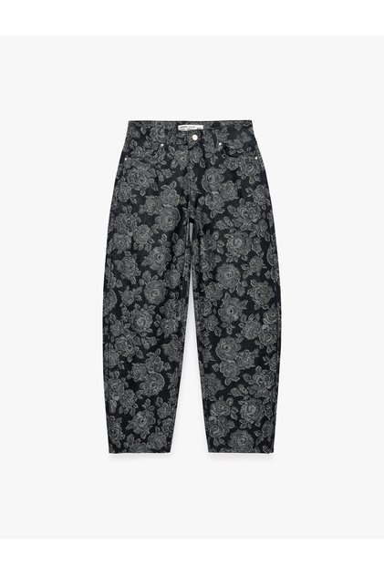 Normal Waist Straight Leg Comfortable Fit Pocketed Buttoned Floral Printed Balloon Barrel Denim Trousers - Barrel