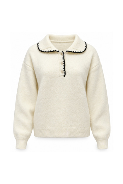 Women's Cream Embroidery and Button Detailed Polo Collar Soft Textured Sweater