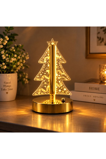 Lampă de Birou LED Tip Brad, 3 Moduri Lumină, Control Touch, Reîncărcabilă USB, 22 cm, Aurie