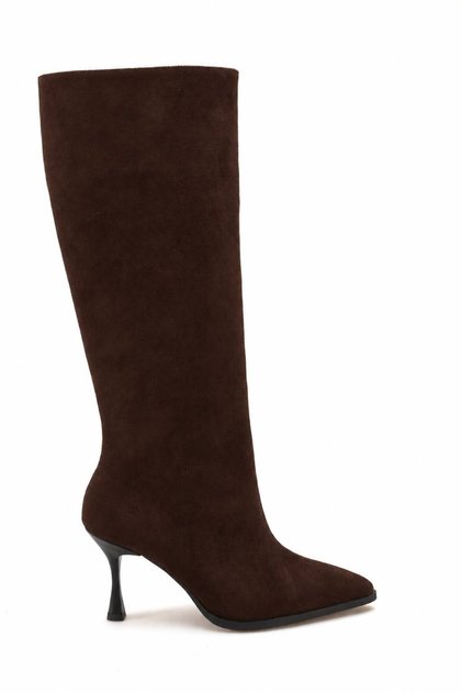 Damen-Stiefel aus braunem Wildleder mit spitzer Zehenpartie, dünnem Absatz und mittlerer Naht unterhalb des Knies