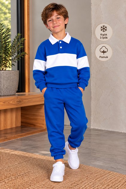 Winter 3 Threaded Yarn Embroidered Pocket Polo Collar Top and Bottom Set (3-10 Years)