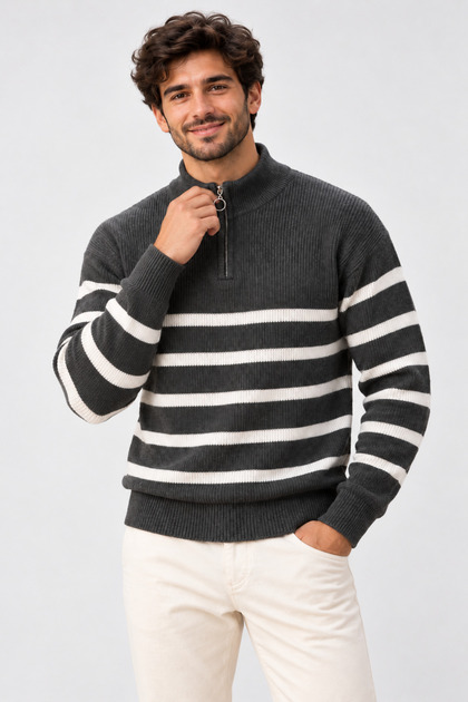 Men's (Striped) Regular Fit Half-Zip Knit Sweater Kpln
