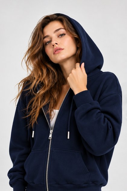 Women's Zippered Hooded Oversize Sweatshirt Cardigan with Pockets 27701 - Navy Blue