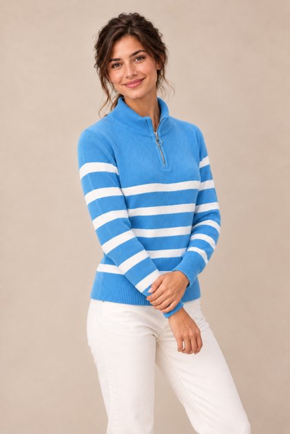 Women's (Striped) Half-Zipper High-Neck Slim Knit Sweater Kpln