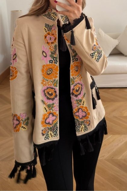Beige Color Embroidered Tasseled Jacket Key37794