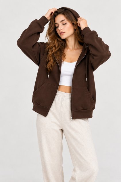 Women's Zippered Hooded Oversize Sweatshirt Cardigan with Pockets 27701 - Brown